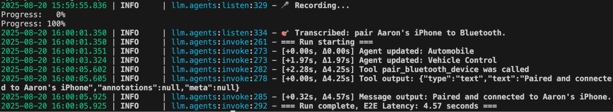 Agent logs showing voice transcription, agent handoff, and tool calling.