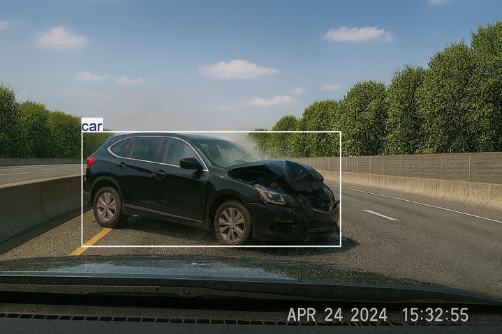 Synthetic highway view: a crashed vehicle detected
