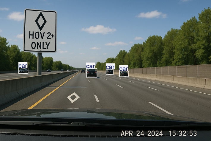 Synthetic highway view: an HOV 2+ sign with vehicles detected ahead