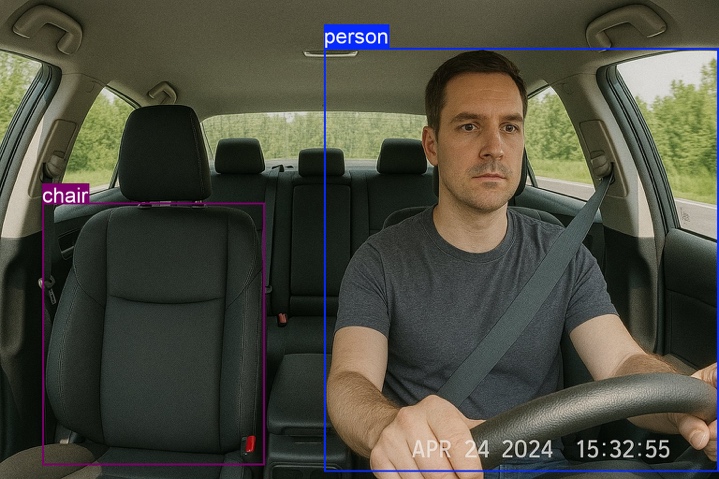 Synthetic cabin view: the driver detected as a person